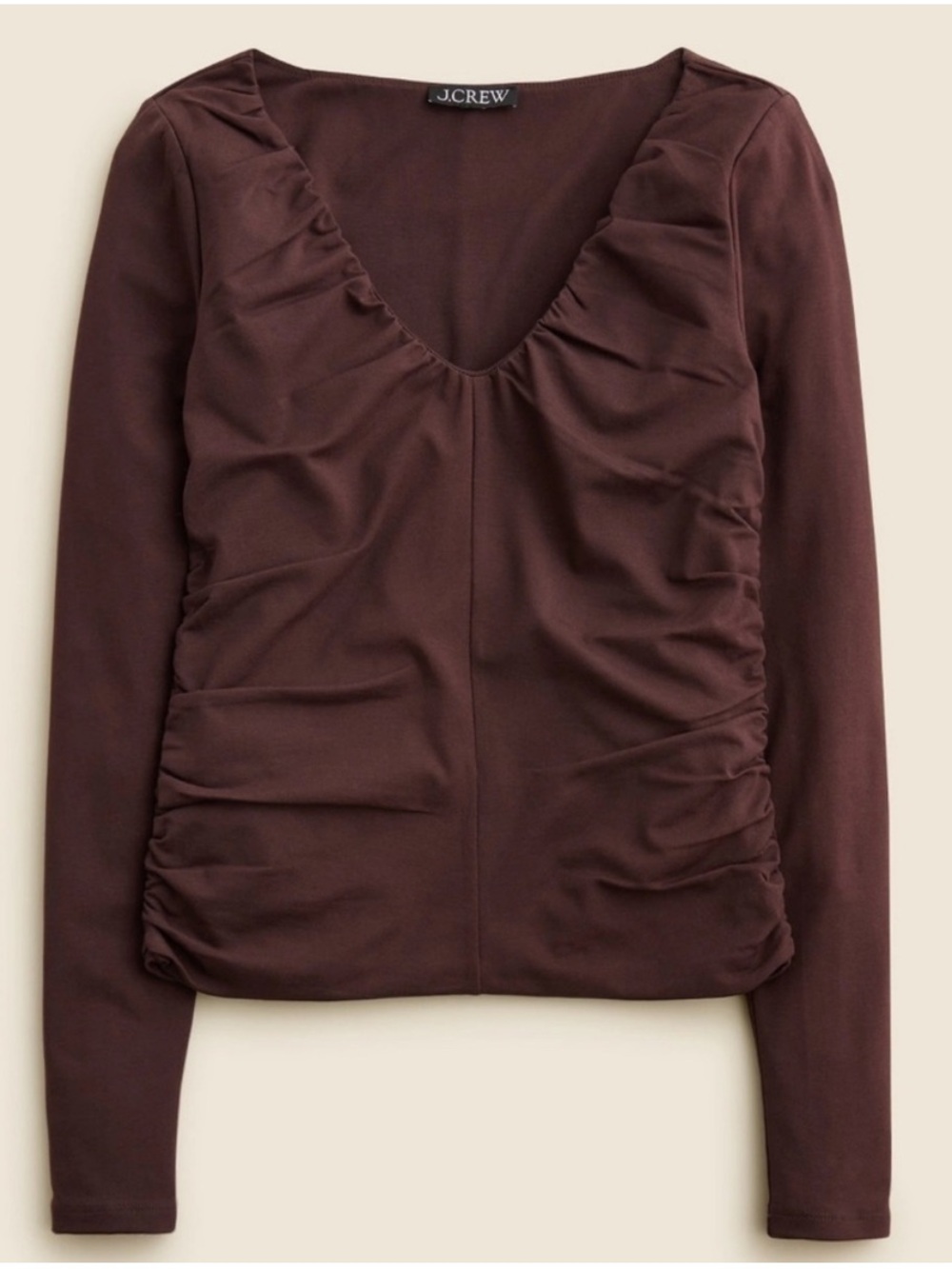 J CREW Stretch Cotton Blend Ruched V Neck Top‎ Cocoa Berry Brown Minimalist 2X
